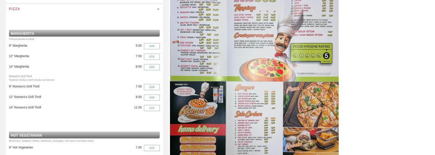 Romero Pizza House Clitheroe Menu
