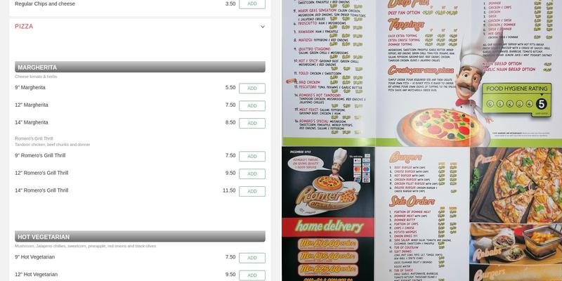 Romero Pizza House Clitheroe Menu