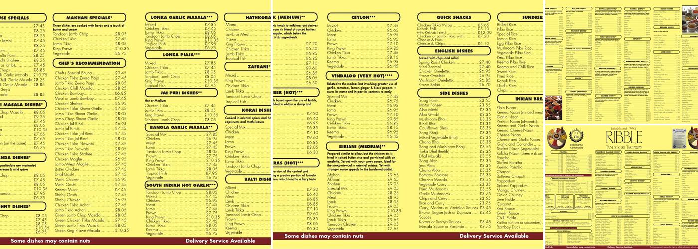 Ribble Tandoori Menu
