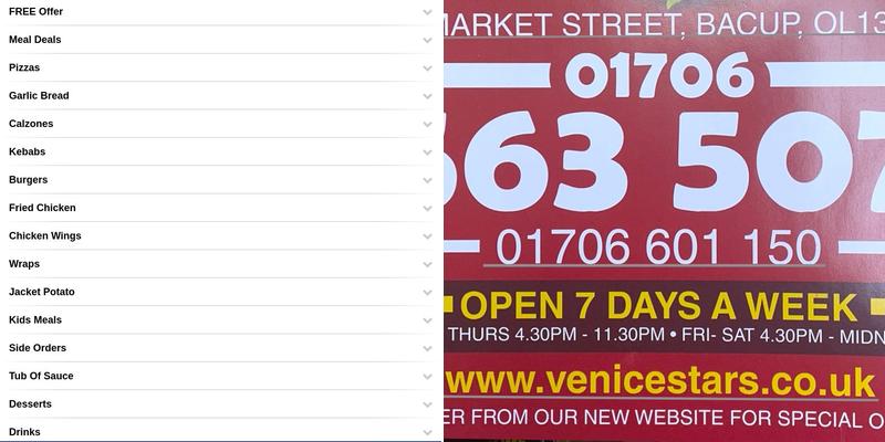 Venice Stars Menu
