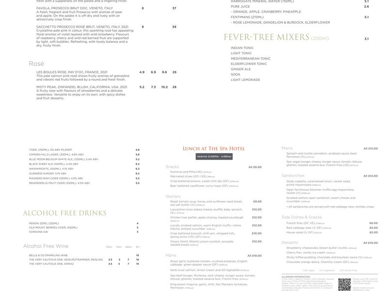The Spa Hotel at Ribby Hall Village Menu