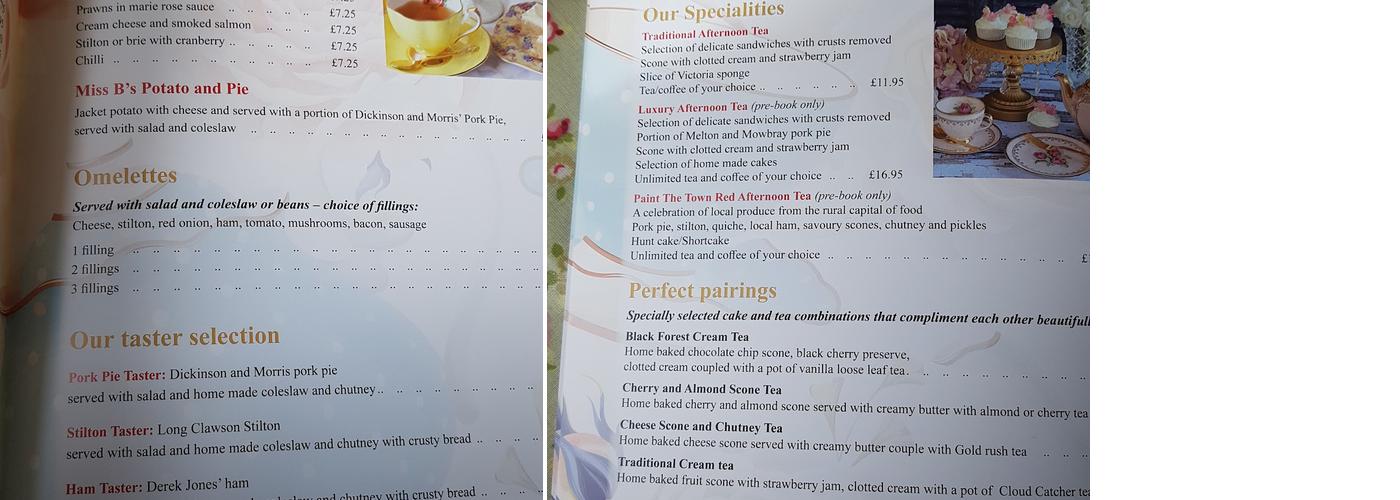 Miss B's Traditional Tea Room Menu