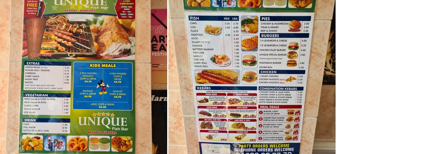 Unique Fish Bar & Kebab Menu