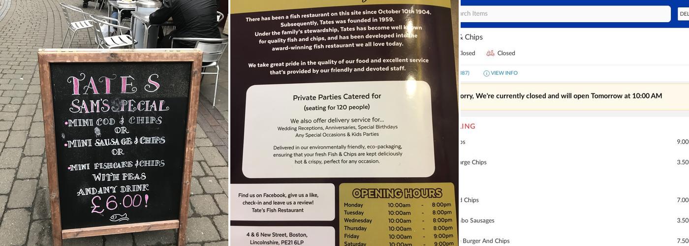 Tates Fish & Chip Restaurant Menu