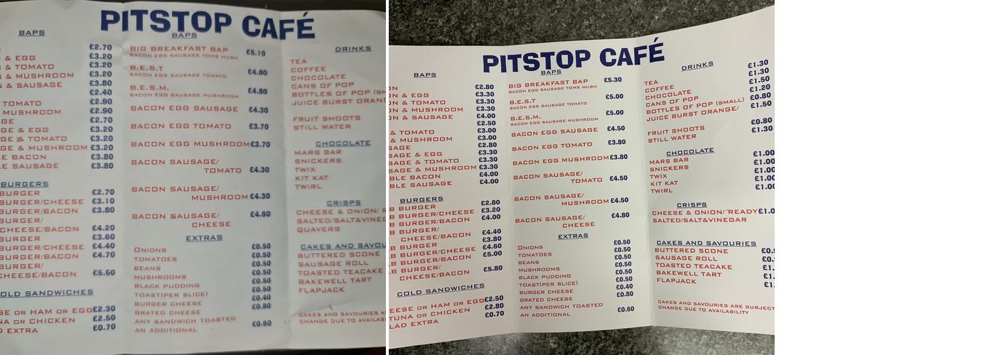 The Pitstop Cafe Menu