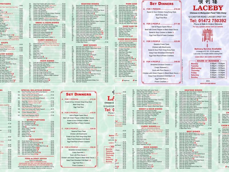 Laceby Chinese Takeaway Menu