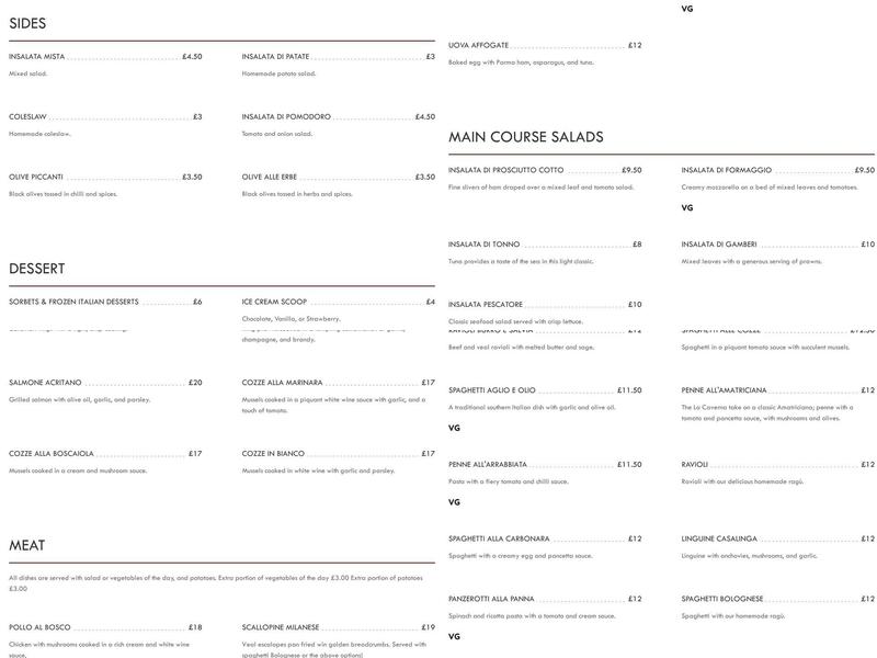 La Caverna Pizzeria Restaurant Menu