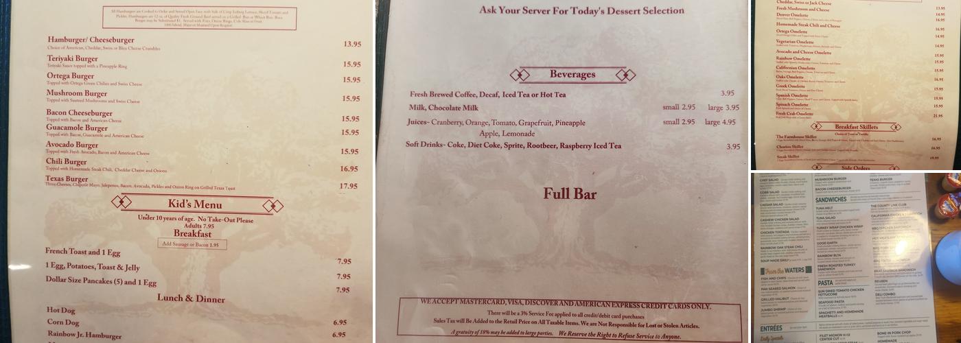 Rainbow Oaks Restaurant Menu