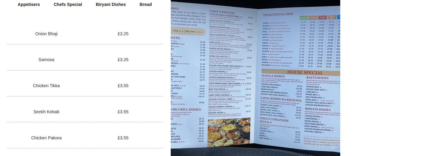 Paradise Masala Menu