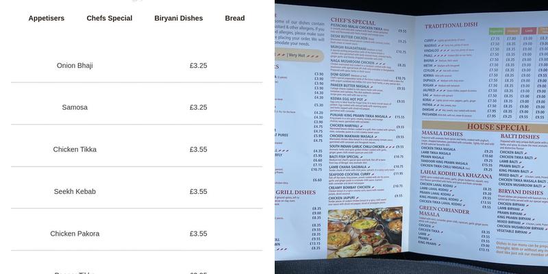 Paradise Masala Menu