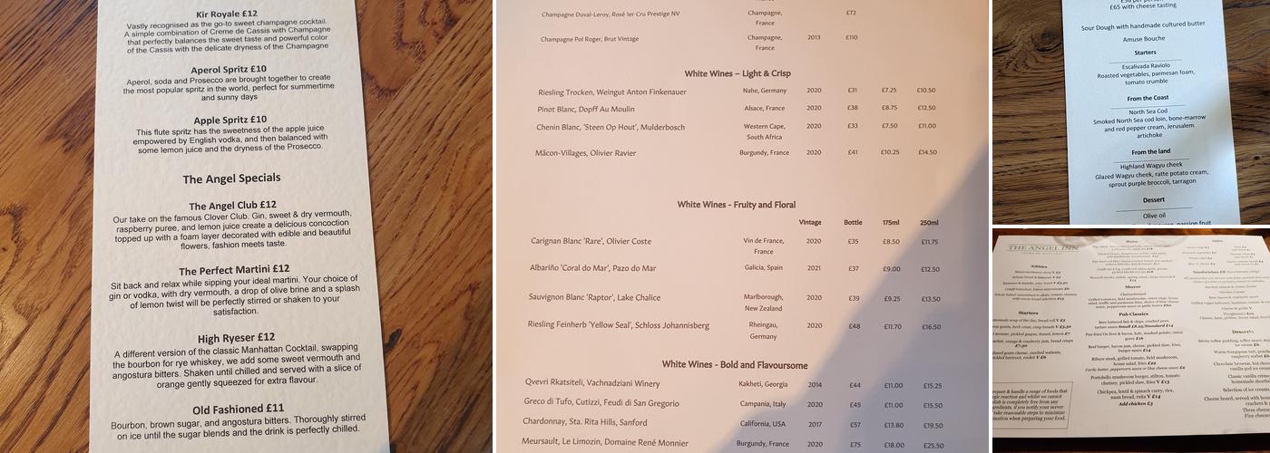 Angel Inn Stoke by Nayland Menu