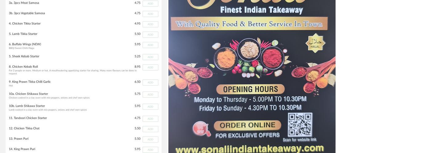 Sonali Indian Takeaway Menu