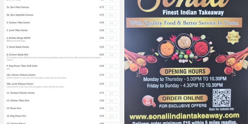 Sonali Indian Takeaway Menu