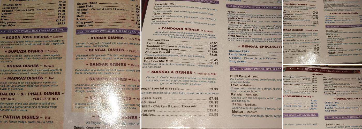 Spice Of Bengal Menu