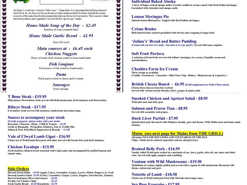 Julian's Restaurant Menu