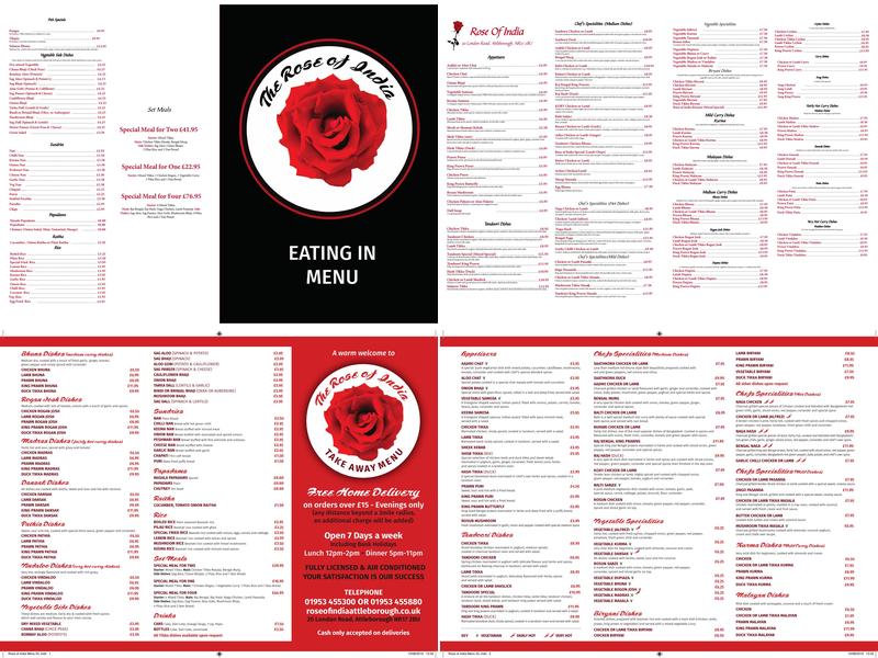 Rose Of India Menu