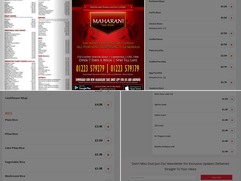 Maharani Indian Takeaway Menu