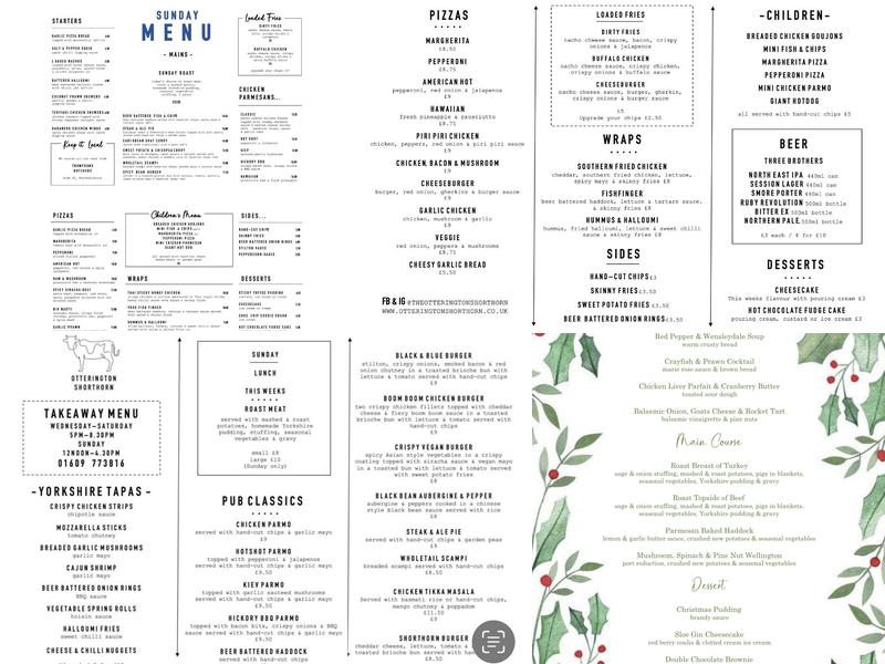 Otterington Shorthorn Inn Menu