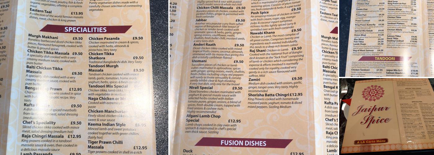 The Jaipur Spice Menu