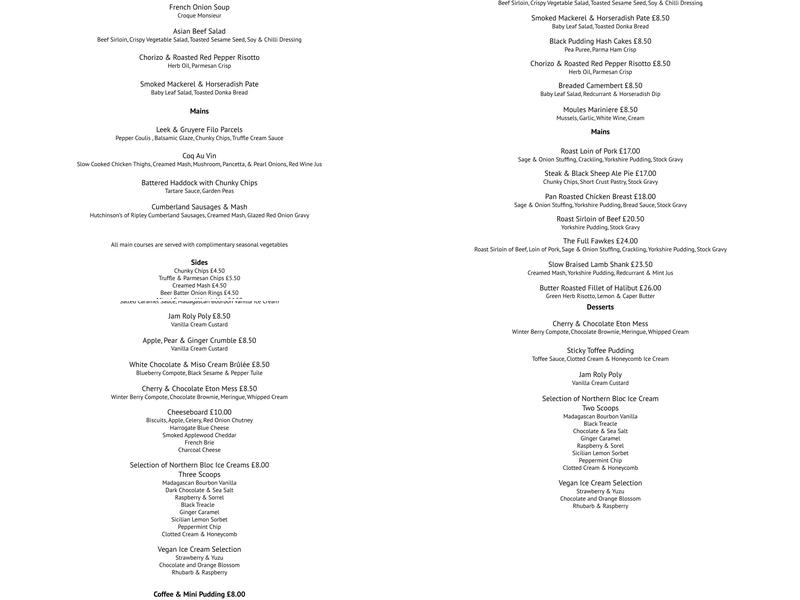 The Guy Fawkes Arms Menu