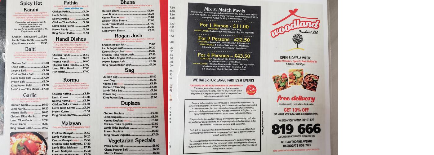 Woodland Tandoori Menu