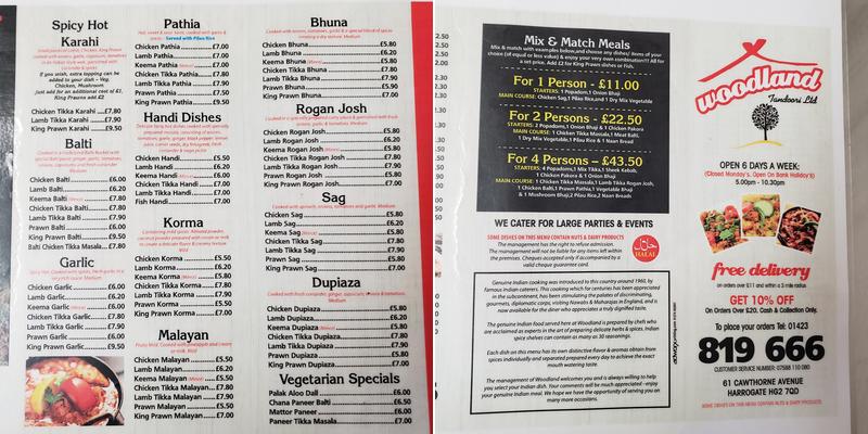 Woodland Tandoori Menu
