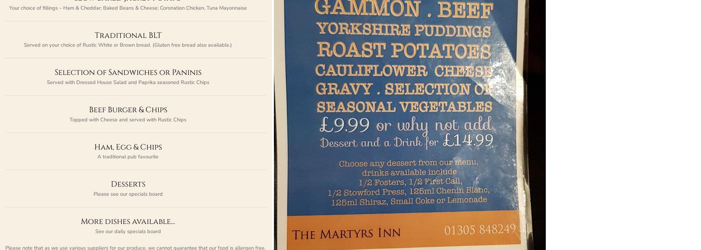 The Martyrs Inn Menu