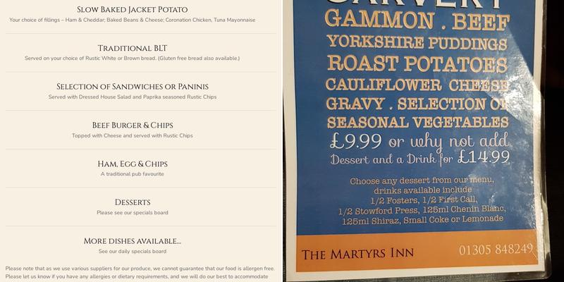 The Martyrs Inn Menu