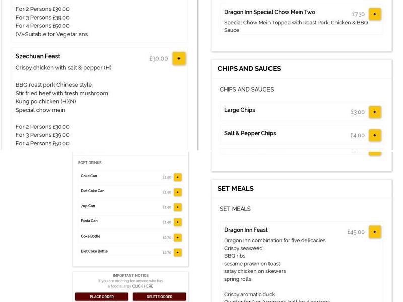 Dragon Inn Chinese Takeaway Menu