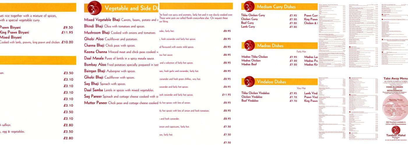 Tandoor Mahal Indian Restaurant Menu