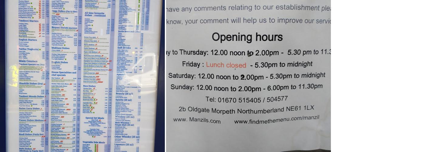 Manzil Tandoori Restaurant Menu