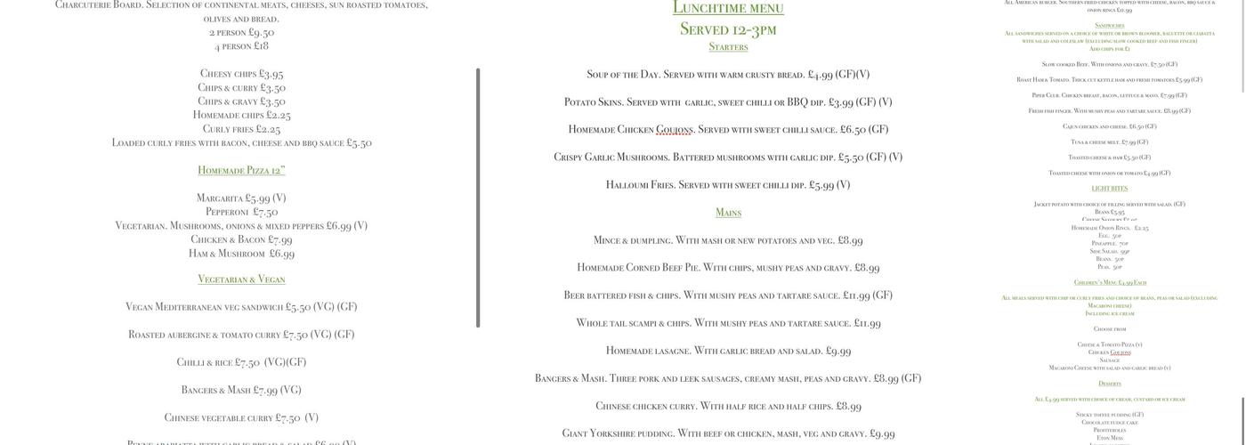 Northumbrian piper Menu