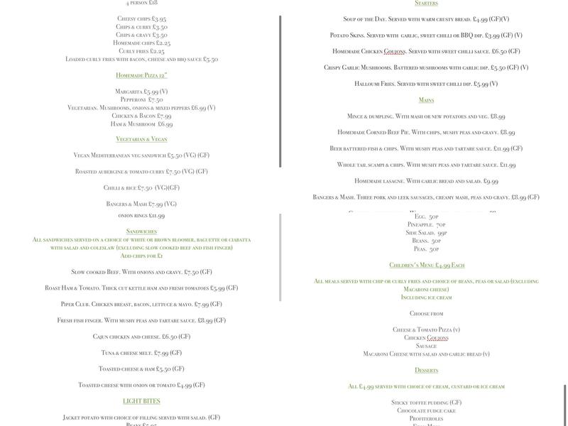 Northumbrian piper Menu