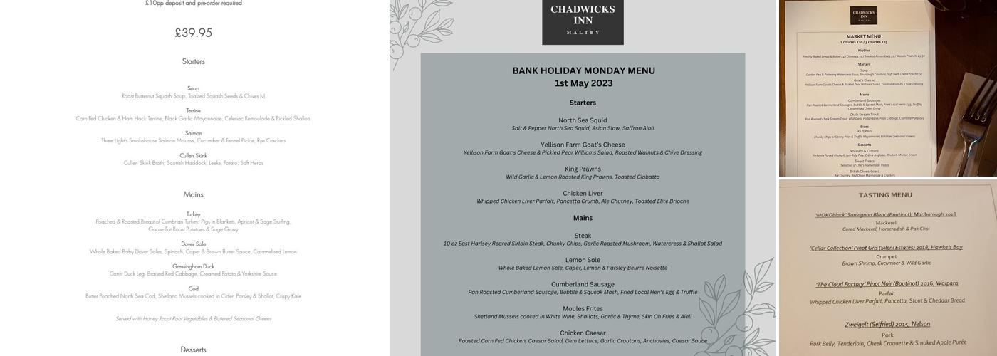 Chadwicks Inn Maltby Menu
