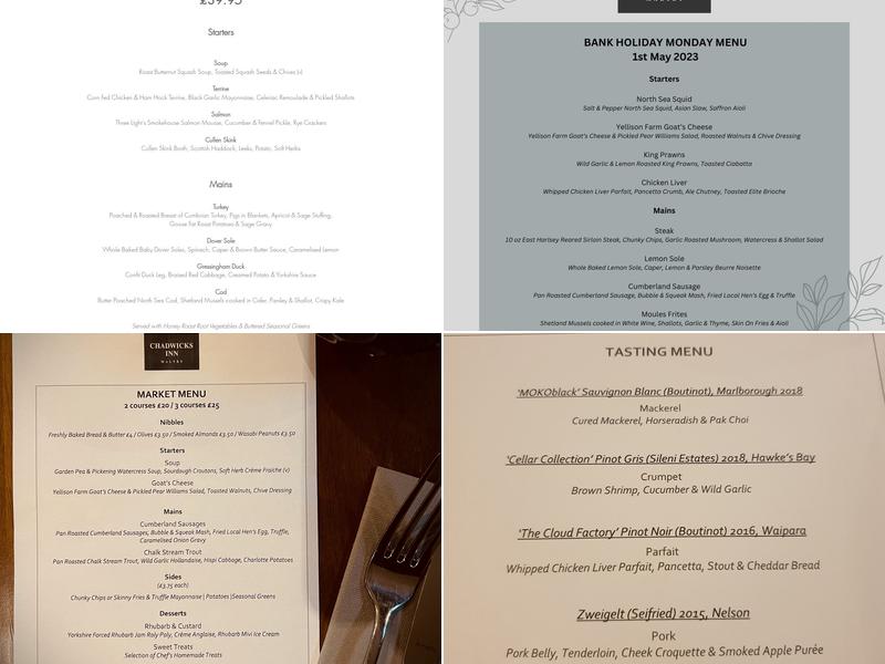 Chadwicks Inn Maltby Menu