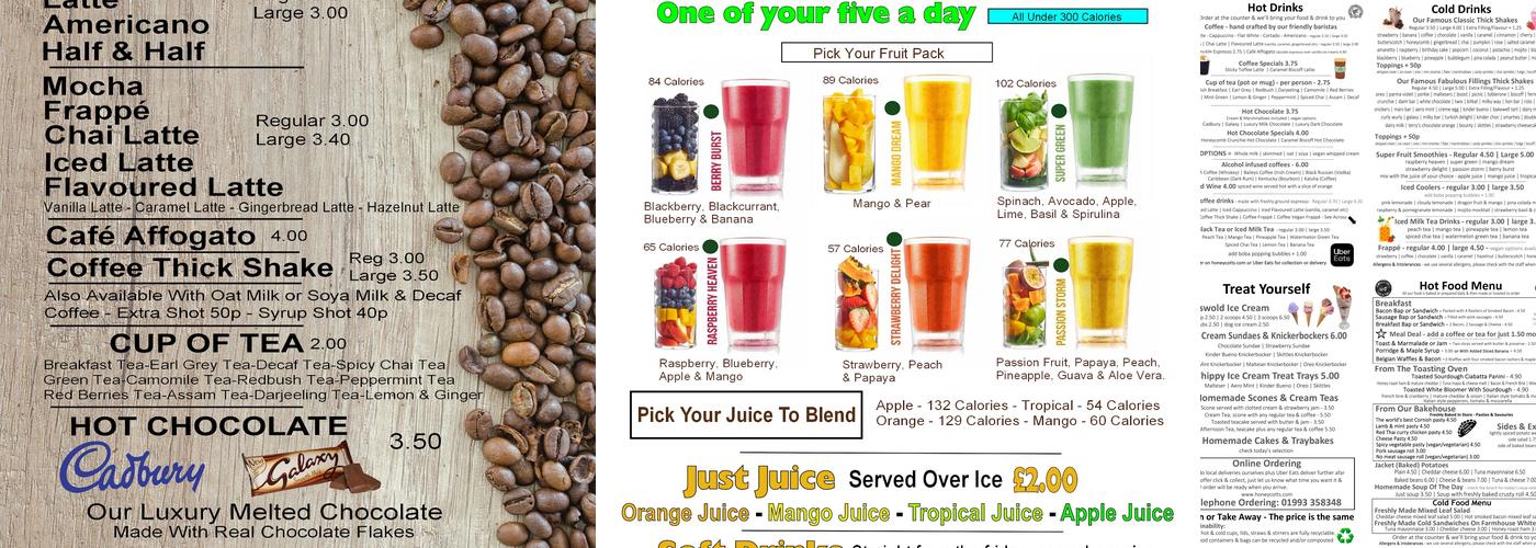 Honeycotts Bakery, Coffee & Shakes Menu