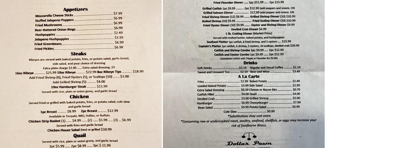 Bob's Cafe' Menu
