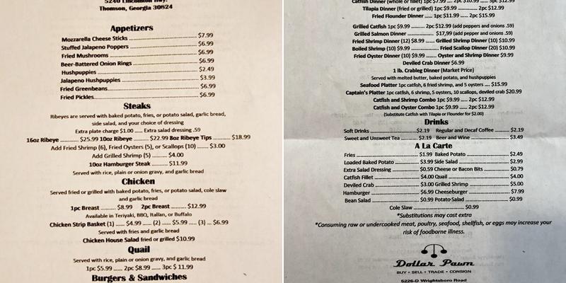 Bob's Cafe' Menu