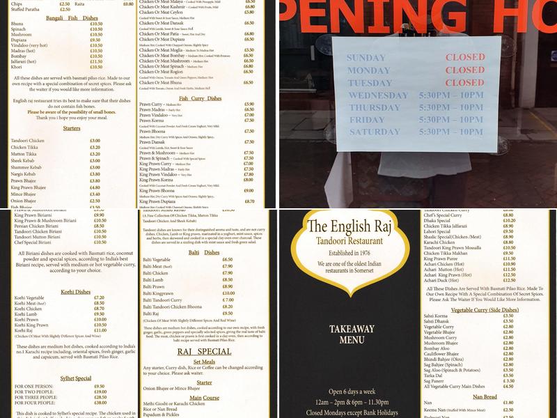 The English Raj, Indian Restaurant Menu