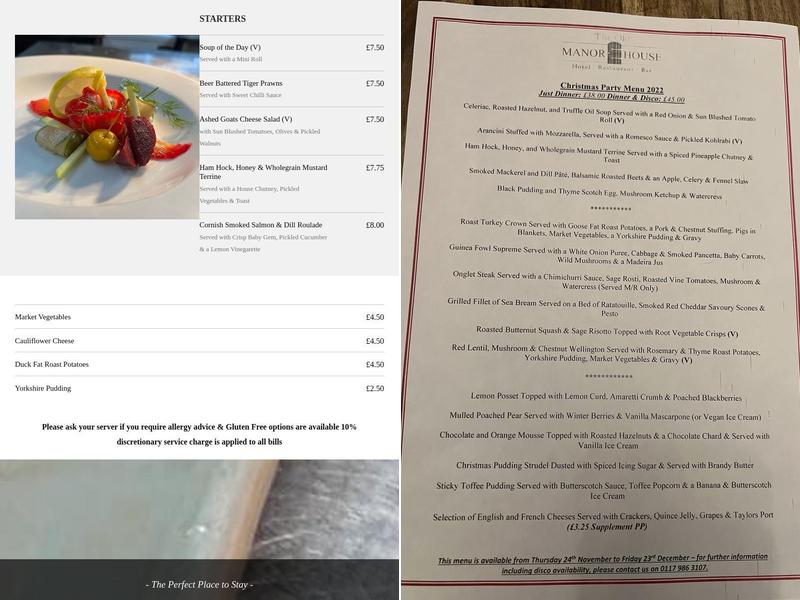 The Old Manor House Hotel Menu