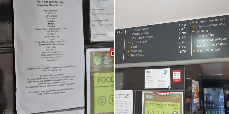 Tony's Fish & Chips Menu