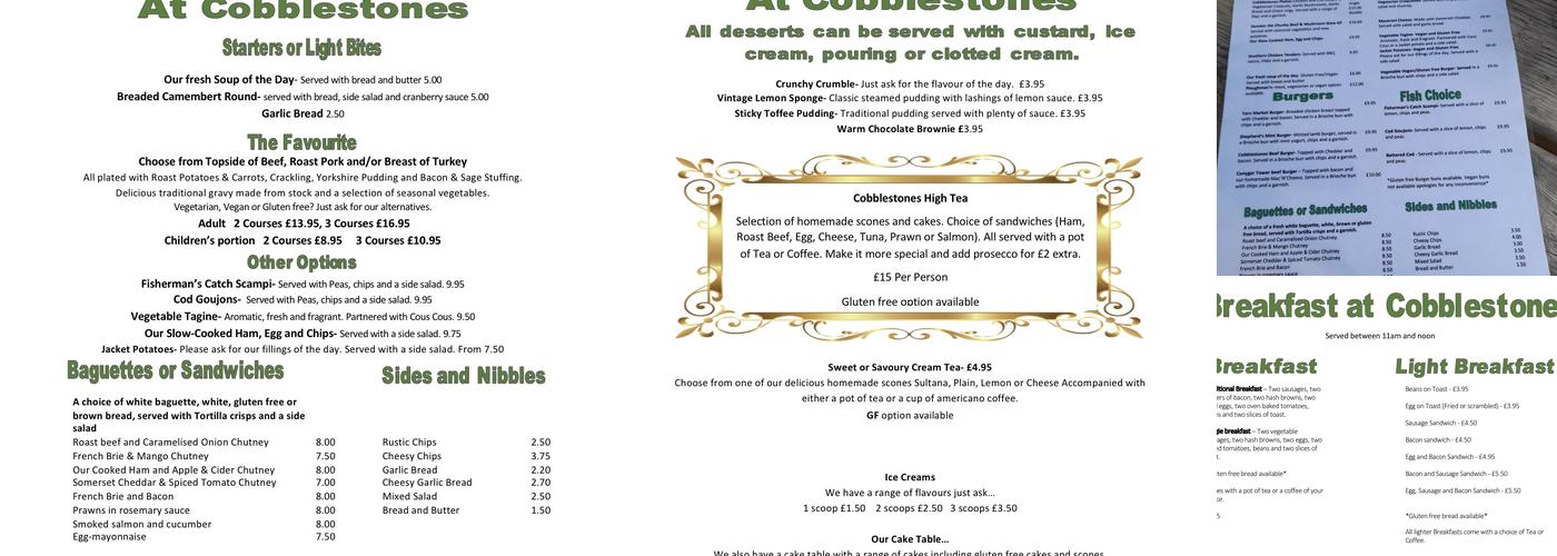 Cobblestones Dunster Menu