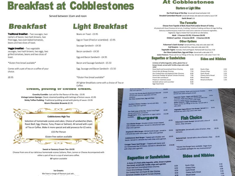 Cobblestones Dunster Menu