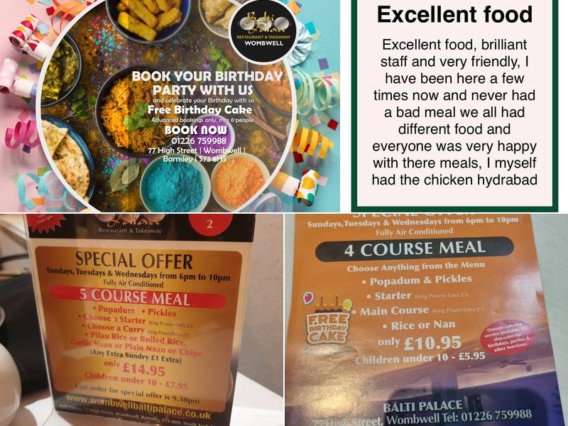 Balti Palace Wombwell Menu