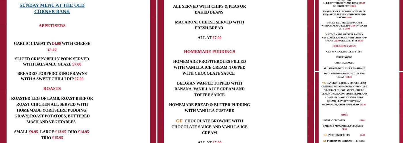 The Old Corner Bank Menu