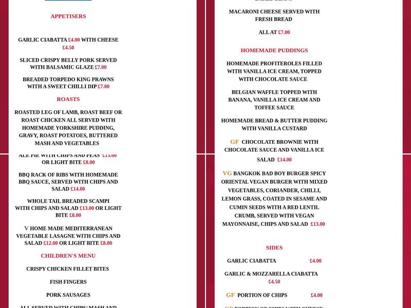 The Old Corner Bank Menu