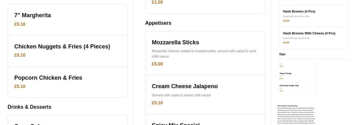 De Niro's Pizza Menu