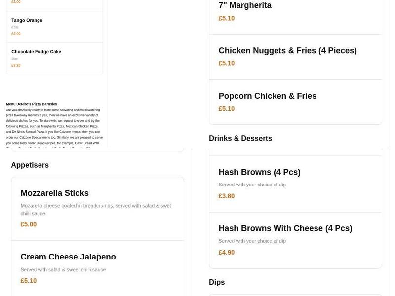 De Niro's Pizza Menu