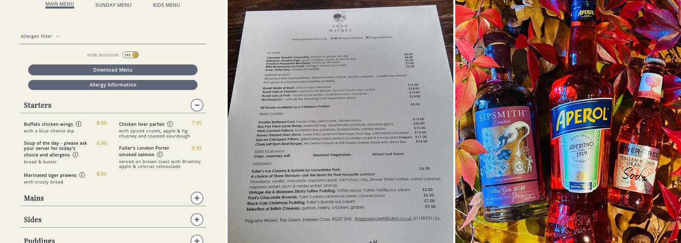 The Frog & Wicket, Eversley Menu