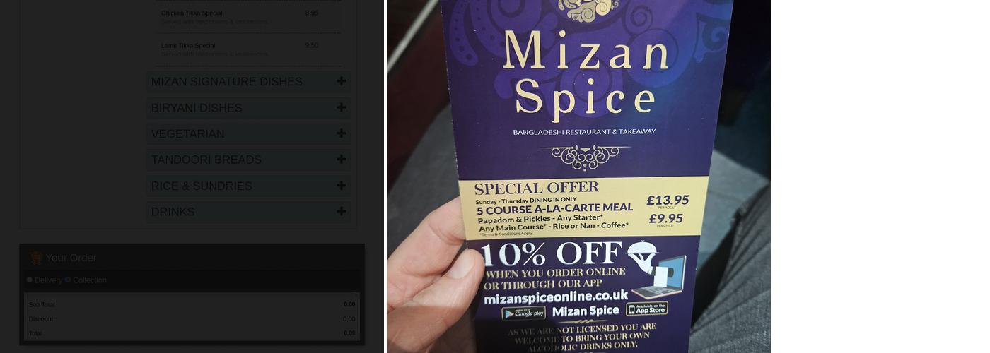 Mizan Spice Bangladeshi Restaurant & Takeaway Menu